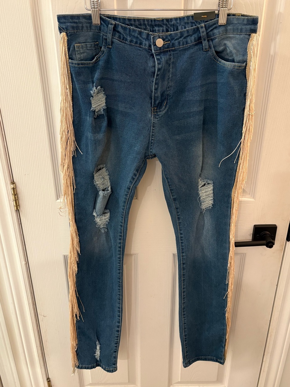 BECCA Blue Skinny Jeans with Fringe Trim